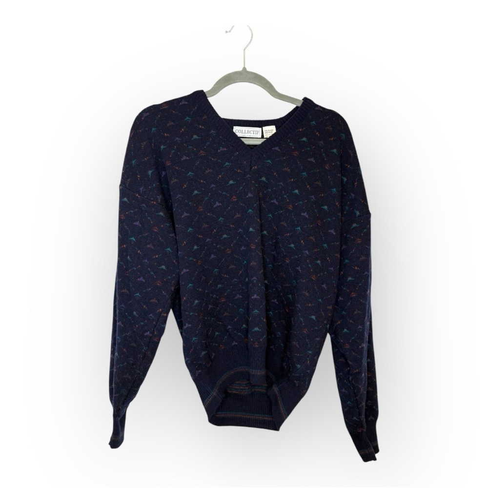 Vintage Collectif Navy V-Neck Wool Sweater Geometric Retro Preppy Classic Medium